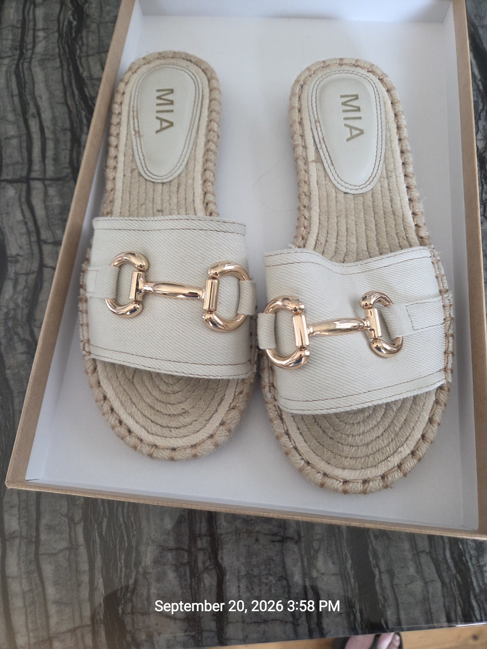 MIA Women's Cream Espadrille Slide Sandals with Gold Horsebit Hardware